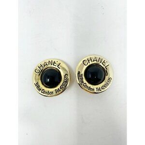 VTG Chanel 31 Rue‎ Cambon CC Logo Address Round Clip On Earrings Black Cabochon